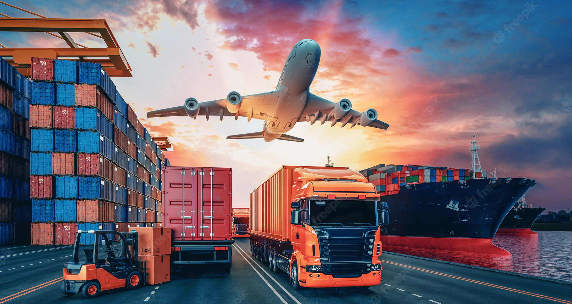 Transport und logistik von containerfrachtschiffen und frachtflugzeugen 3d rendering und illustratio
